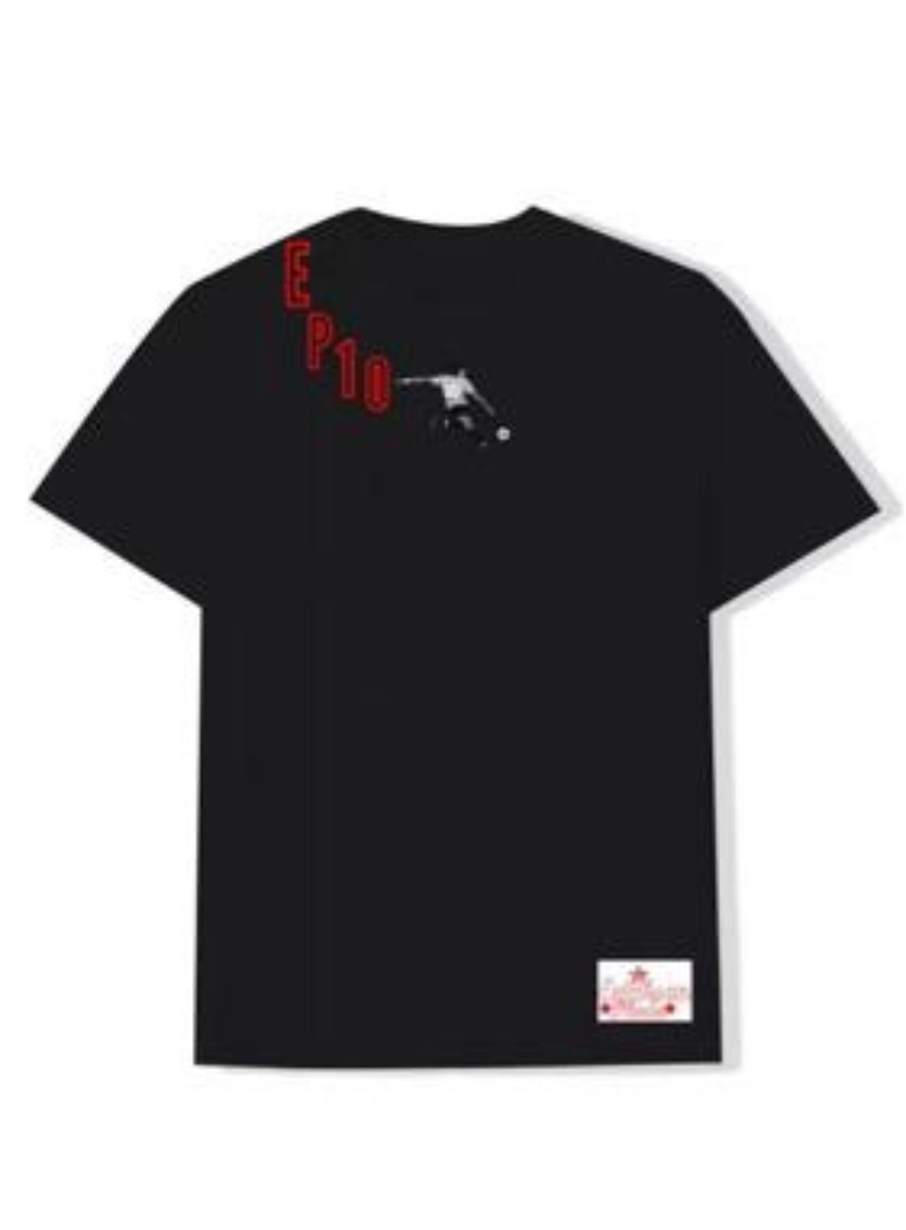 Black t-shirt with red and white text on a white background